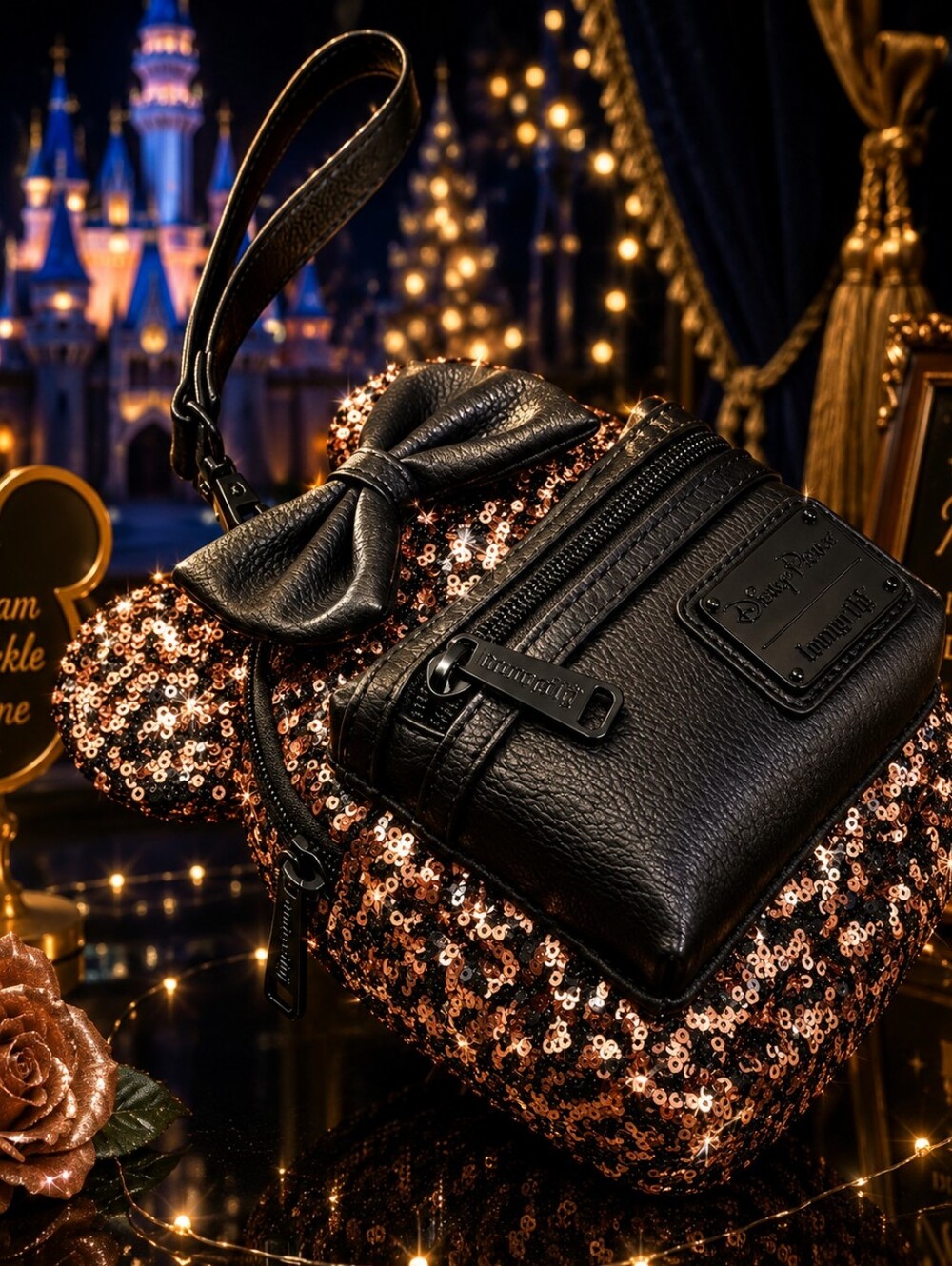Disney Parks Loungefly Minnie Mouse Briar Rose Gold Sequin Backpack Wristlet - Picture 3 of 5